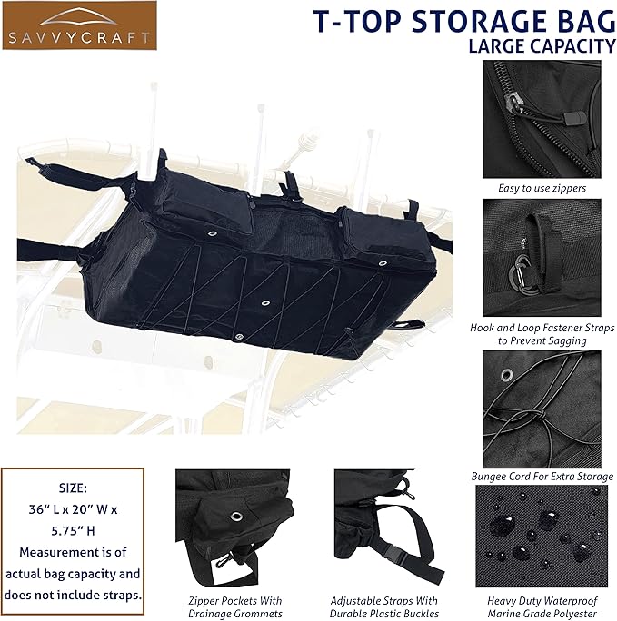 Savvycraft T-Top Storage Bag, Heavy Duty Marine Grade 600D Polyester PFD Storage Bag Large Size Hold 6 Type II Life Jackets, T Bag for Center Console Boat with T-Top Hard Top, Life Vests not Included