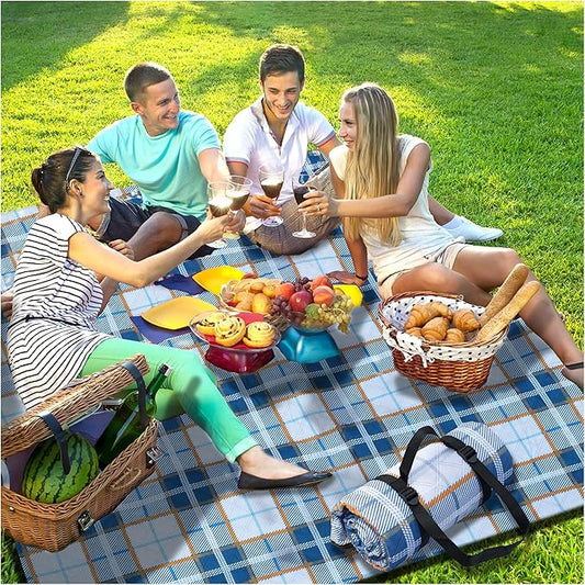 Extra Large Checkered Picnic Blankets Portable 80x80 Oversized Waterproof Sandproof Outdoor Beach Blanket Camping Grass Mat Sand Free Big Giant Car Rv Accessories Navy Baseball Sporting Eeential Gift