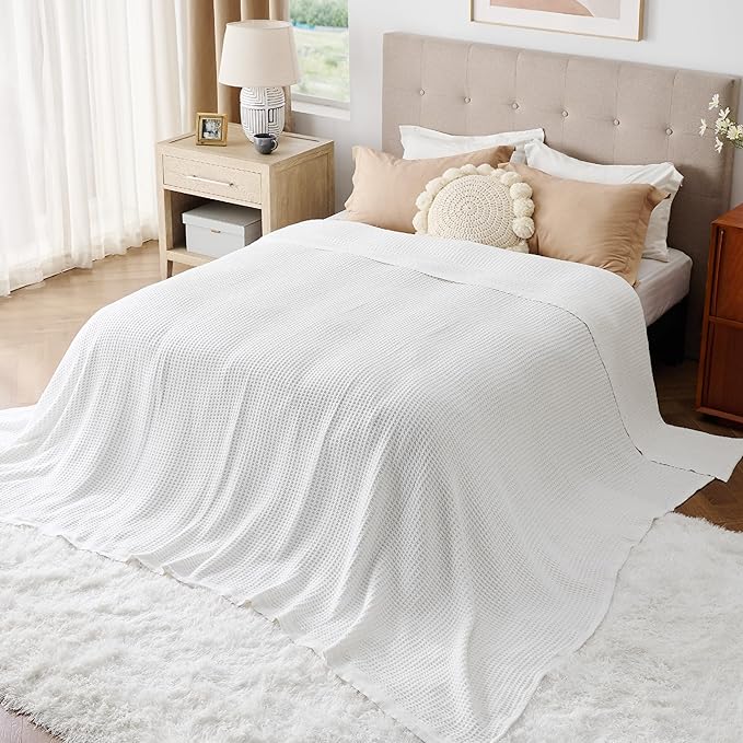 Bedsure Gentlesoft 100% Cotton Large Blanket Oversized King for Bed - Breathable Thick Waffle Weave Blanket for Summer, Couch Cover, White, 120x94 inches