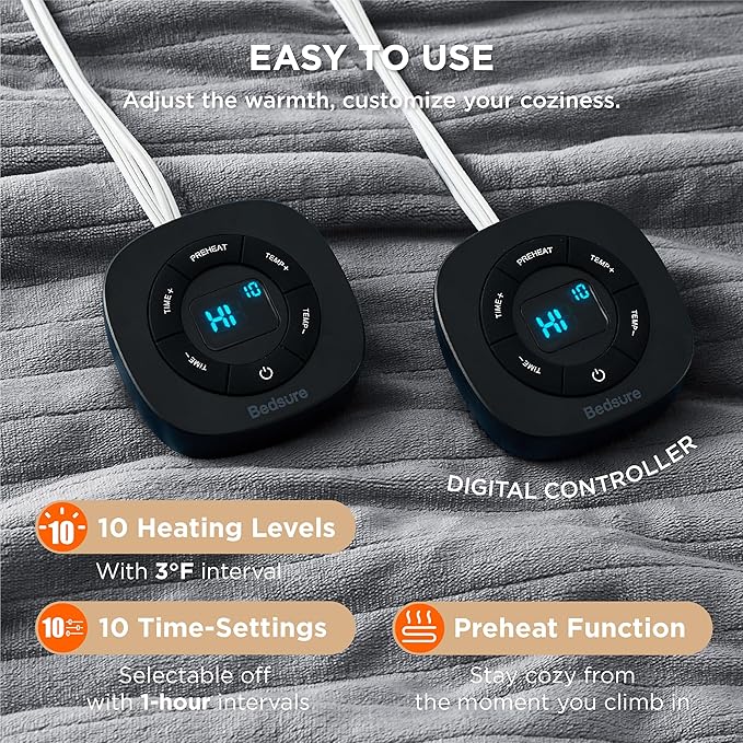 Bedsure Electric Blanket King Size - Dual Control Heated Blanket King Size, Fast Heating with 10 Time Settings & 10 Heat Settings, Warm Gift for Grandma (100x90 inches, Grey)