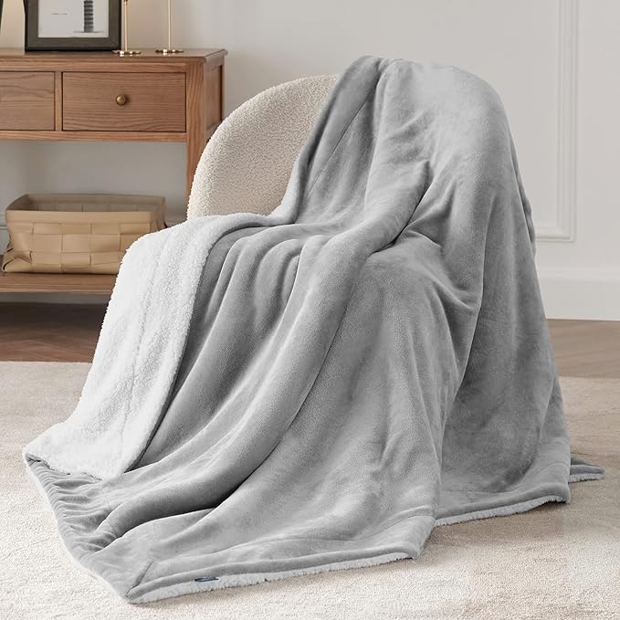 Bedsure GentleSoft Sherpa Fleece Throw Blanket Twin Size for Couch - Thick and Warm, Soft Fuzzy Plush Twin Blanket for Winter, Light Grey, 60x80 Inches