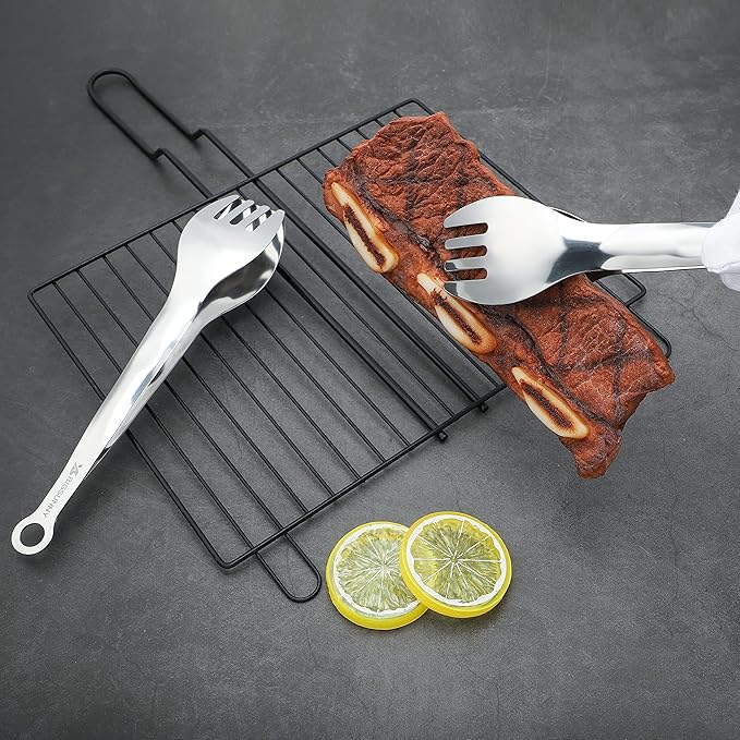 MSY BIGSUNNY 9 Inch Serving Tongs, Stainless Steel Metal Tongs for Cooking, Barbecue, Grilling, Buffet - Set of 2, Silver