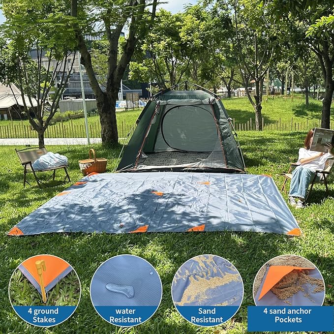 Small Picnic Mat 4FT Foldable Tent Rug Tents Blankets Pocket Beach Blanket Lightweight Camping Tarp Washable Rug Quick Dry Beach Mats Hiking Outdoor Essentials(Gray/Orange 55"*59" /4.59ft×4.92ft)