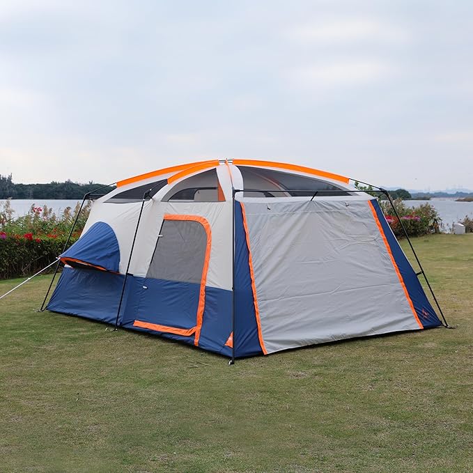 KTT Extra Large Tent 6-10-12-14 Person(B),Family Cabin Tents,2 Rooms,3 Doors and 3 Windows with Mesh,Straight Wall,Waterproof,Double Layer,Big Tent for Outdoor,Picnic,Camping,Family Gathering
