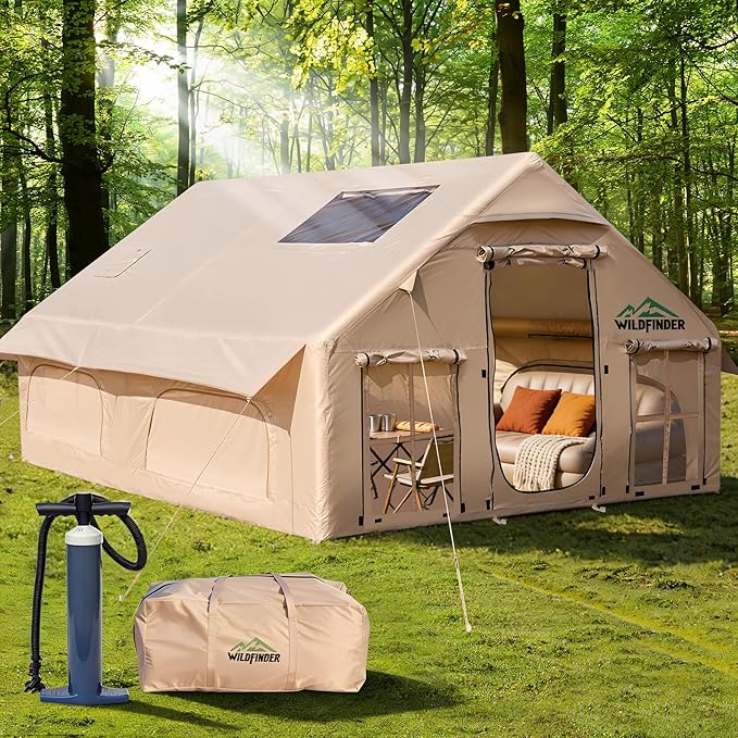 Inflatable Tent with Skylight, Quick Setup Blow Up Tents with Pump, Hot Tent with Stove Jack, Waterproof Oxford Inflatable House for Camping, Air Glamping Tents for Camping Adult 4-6 Person