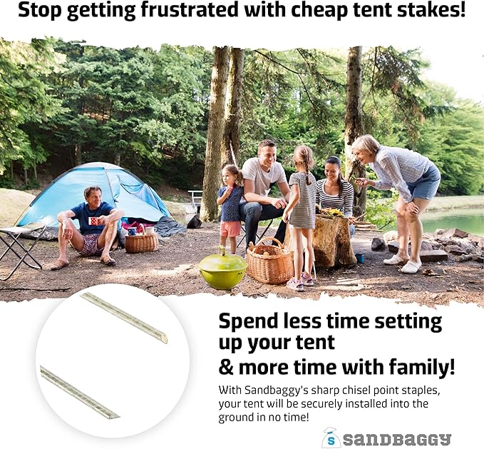 Sandbaggy 12-Inch Tent Stakes - Sharp Pegs for Pushing Through Hard Soil ~ Great for Camping, Canopies and Tarps