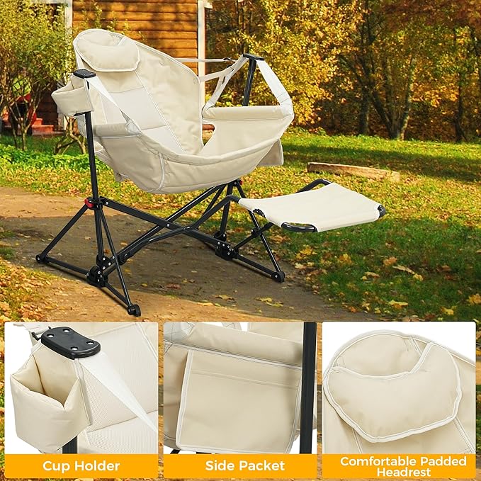 Ainfox Hammock Camping Chair with Footrest, Foldable Portable Rocking Chairs for Adults Outside Swinging Camp with Cup Holder Pillow for Outdoor Patio Poolside (Beige)