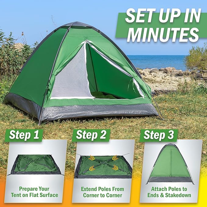 2 Person Camping Tent with Rain Fly and Carrying Bag – Lightweight Outdoor Pop Up Tents for Camping Essentials, Music Festivals, Backpacking, Hiking, or Beach Shelter by Wakeman Outdoors