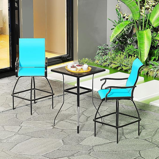 LEVELEVE Patio Bar Set 2pcs Swivel Bar Stools Outdoor Bistro Textilene Furniture Stability All-Weather Set (3, Lake Blue Padded)