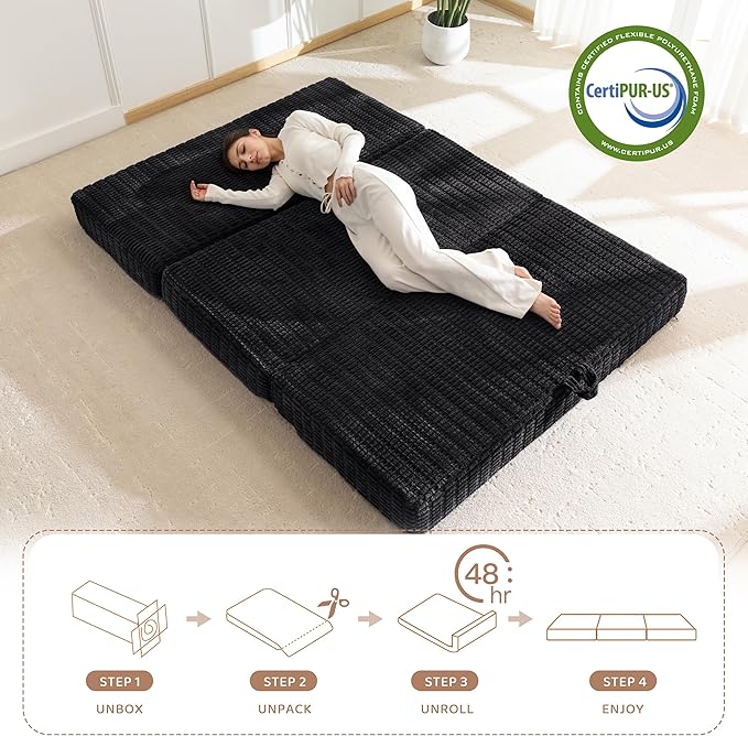 BYBYME Memory Foam Tri-Folding Mattress, 6 Inch Gel Folding Mattress Topper, Foldable Soft Guest Bed Camping Pad, with Washable Cover