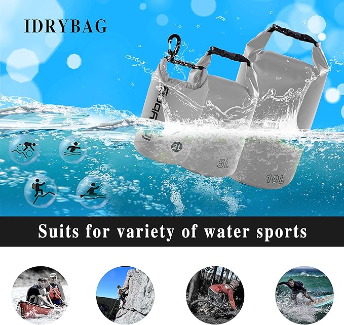 IDRYBAG Dry Bag for Kayaking Waterproof 2L/5L/10L/15L/20L, Small Dry Sack Waterproof Bag for Boating
