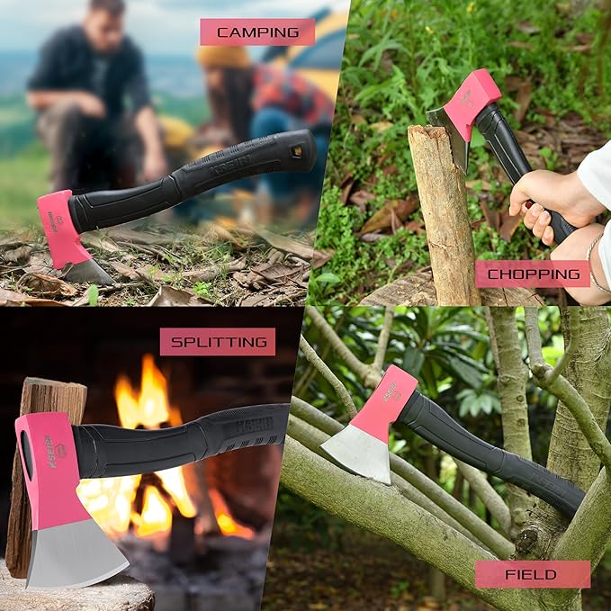 KSEIBI Hatchet with Sheath, Camping Axe for Splitting and Kindling Wood, Forged Steel Blade with Anti-Slip and Shock Reduction Handle Great Throwing Hatchets Pink