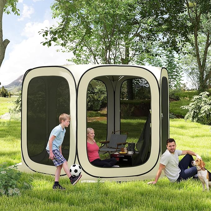 Outsunny 11 x 11ft Pop Up Screen Tent, Portable Camping Gazebo Canopy Screen House with UPF50+ Oxford Cloth and Carry Bag for Patio, Backyard, Deck and Outdoor Activities