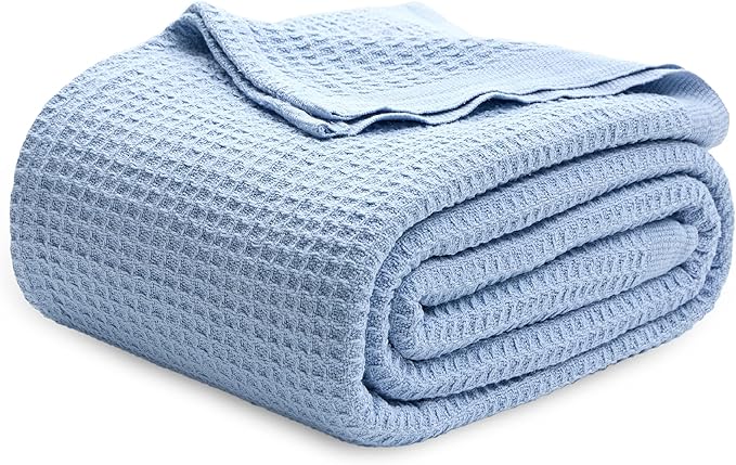 Bedsure Gentlesoft 100% Cotton Blanket Queen Size for Bed - Breathable and Soft, Waffle Weave Blanket for Summer, Thick Cozy Fall Blankets for Women Gift, Sky Blue, 90x90 Inches