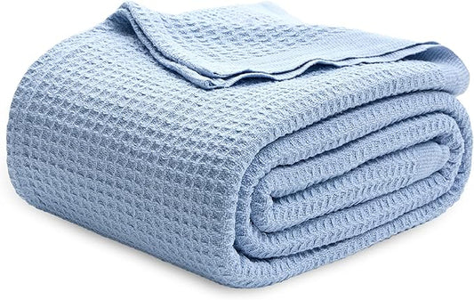 Bedsure Gentlesoft 100% Cotton Blanket King Size for Bed - Breathable and Soft, Waffle Weave Blanket for Summer, Thick Cozy Fall Blankets for Women Gift, Sky Blue, 104x90 inches