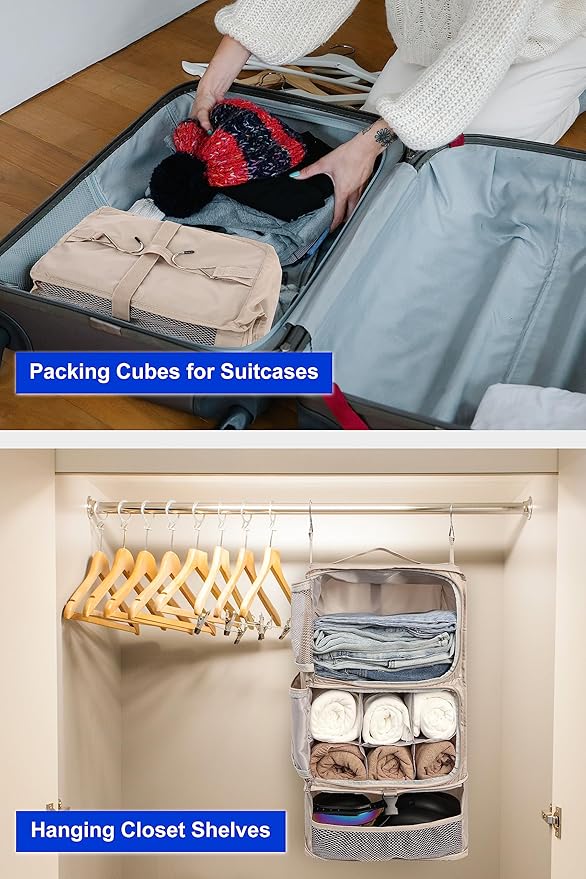 ELEZAY Hanging Packing Cubes Portable Closet 3-Shelf Travel Collapsible Compression Garment Organizer for Carry-on Luggage Suitcase Space Saver Bag X-Large_No Side Pockets, Beige
