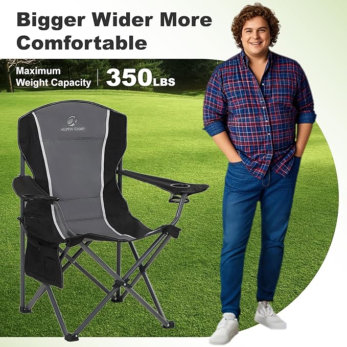 LET'S CAMP Oversized Outdoor Folding Camping Chair, Heavy Duty Arm Chair with Cup Holder and Storage Bag, 350 LBS Weight Capacity, Grey