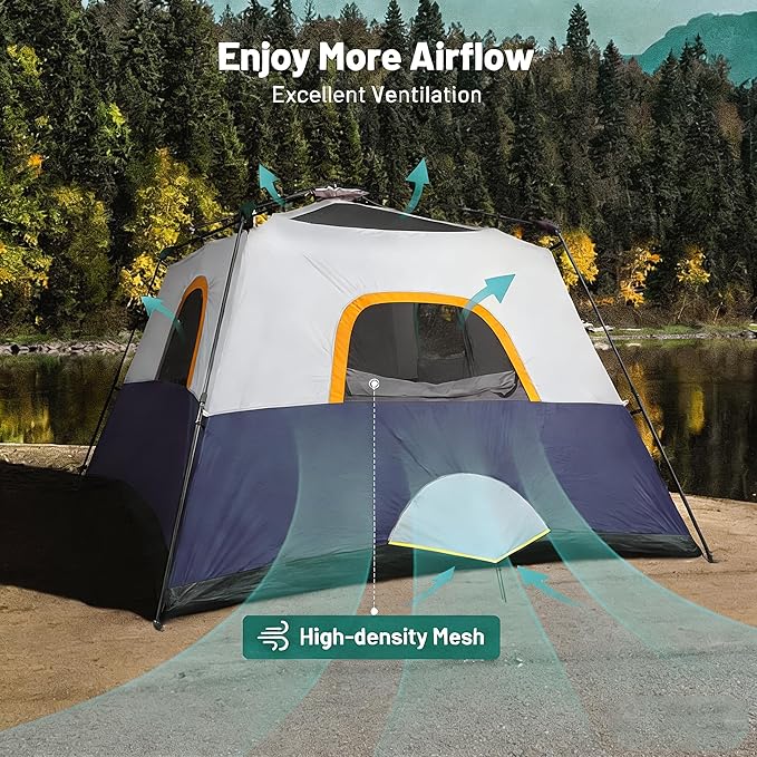 3/4 Person Camping Tent with 1 Door, 4 Windows, and Upgraded Ventilation– Instant Setup, Waterproof, 8'x 8'x 67''Oxford Fabric Floor Pop Up in 60 Seconds Includes Rainfly and Backpack