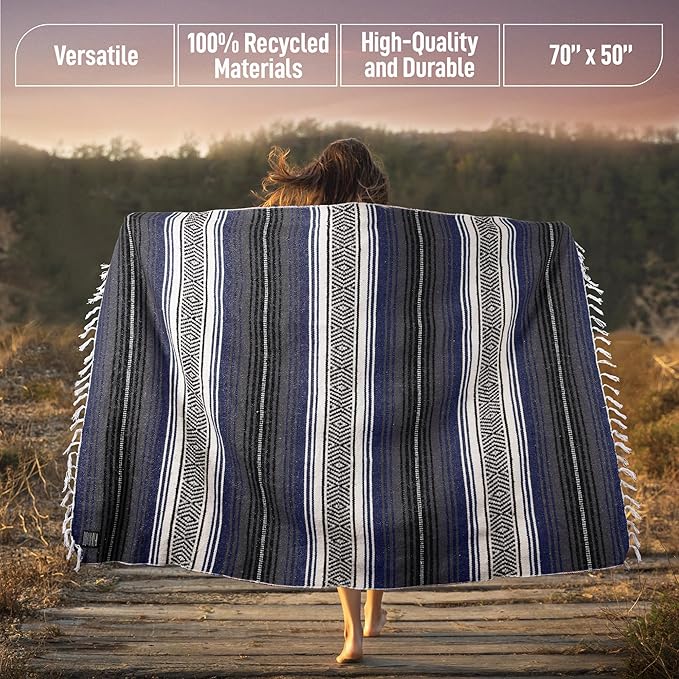 Hydration Nation Authentic Extra Large Mexican Blanket (70"x50") - Handwoven Yoga, Serape - Artisanal Falsa, Beach, Camping, Picnic, Outdoor (Blue Haze)