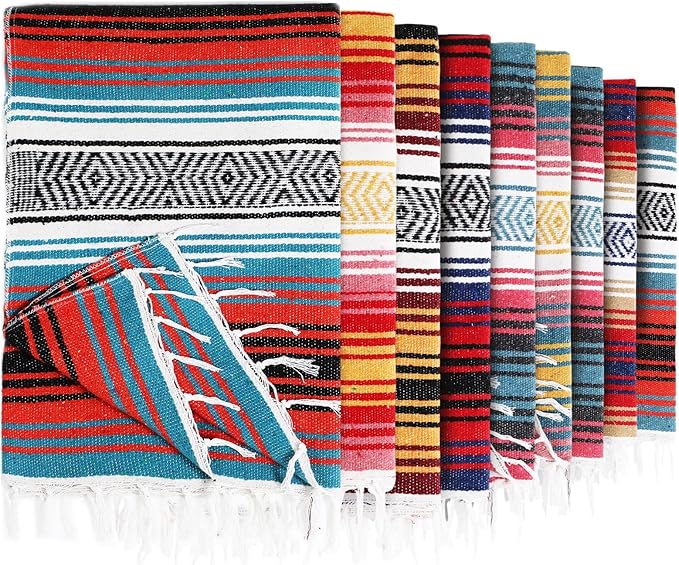 Peryiter 9 Pcs Mexican Blanket Bulk Large Yoga Blanket Striped Falsa with Fringed for Outdoor Beach Picnic Couch, 45 x 70 inch(Light Colors)