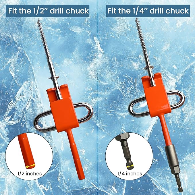 Ice Anchor Tool Kit, Ice Fishing Tent Stakes Nails with Drill Adapter, Stainless Steel Augers Accessories Set, Threaded Gear Equipment with Protective Bag for Setting Up Camping Shelter Shanty