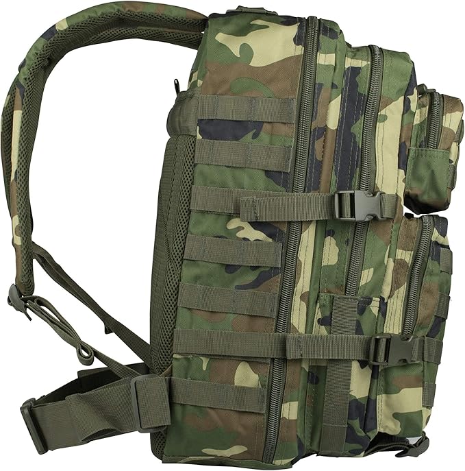 Mil-Tec Unisex Assault Pack - Rugged Durable Lightweight Ergonomic Versatile Tactical Outdoor Camping Hiking Backpack with Adjustable Padded Shoulder Straps & MOLLE Loops, Woodland Camo, 36L