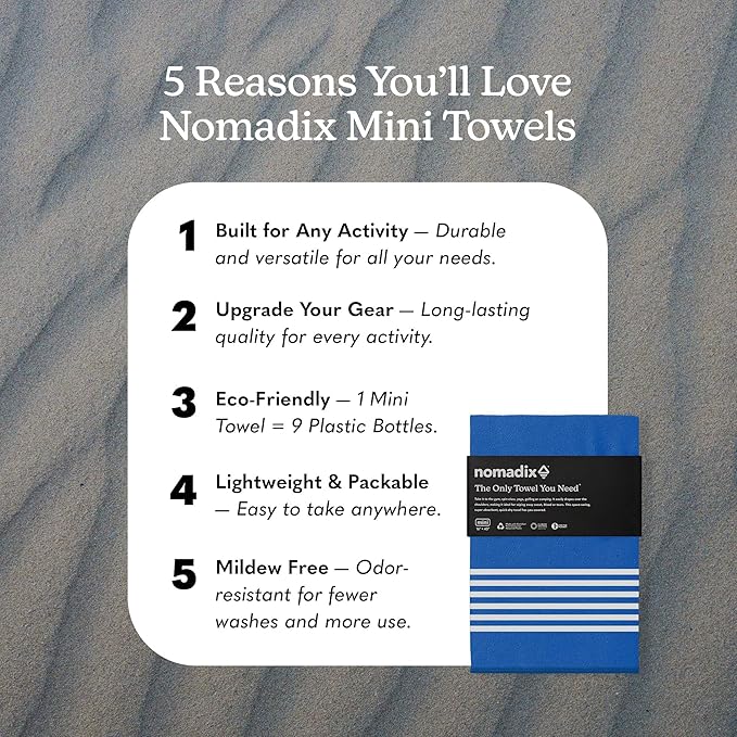 Nomadix Mini Towel - Perfect for Beach, Pool, Travel, Camping, Yoga - Made with Recycled Materials - Super Absorbent - Sand Resistant - Poolside Navy - 16x40