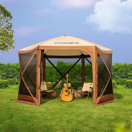 VIVOHOME 12x12ft Pop-Up Gazebo Screen Tent, 6-Sided Instant Outdoor Canopy Shelter with Large Main Door, Wind Panels, and Screens for Outdoor Parties, Camping, Lawn and Backyard