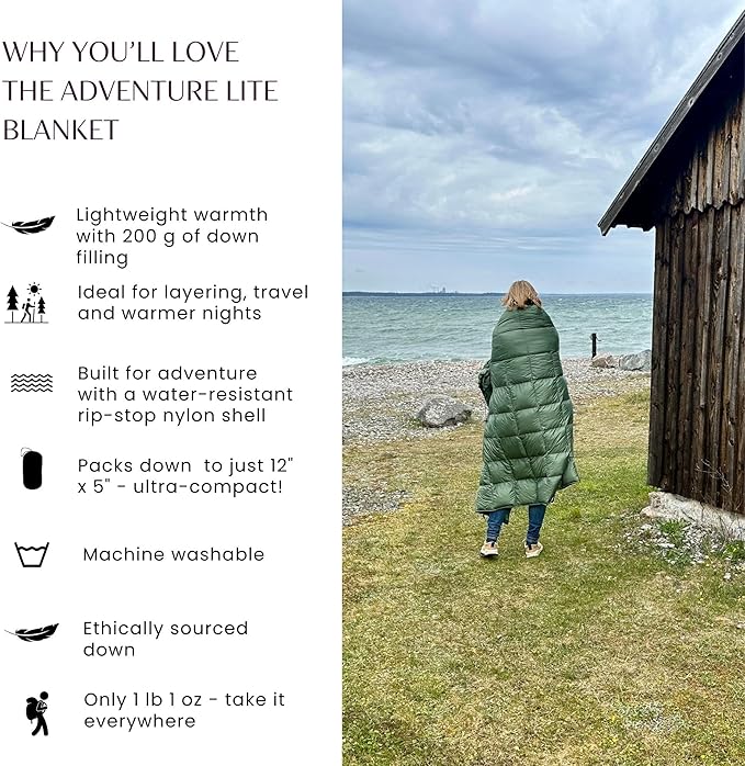 Down Camping Blanket with Footbox – Lightweight, Packable, Water Resistant Backpacking Quilt & Warm Puffy Compact Outdoor Throw – 52x77 with Stuff Sack for Stadium, Hiking & Travel