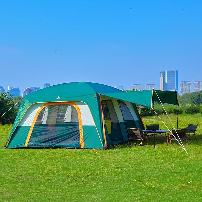 KTT Extra Large Tent 12-14 Person,Family Cabin Tents,2 Rooms,Straight Wall,2 Doors 4 Windows with Mesh,Waterproof,Straight Wall,Big Tent for Outdoor,Picnic,Camping,Gathering(Brown)