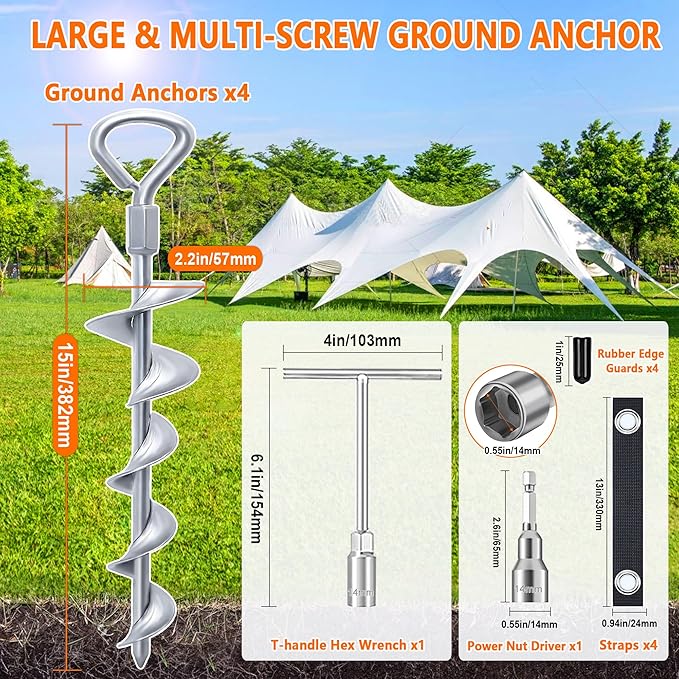 Ground Anchors Screw in 15 Inch, 4Pack Tent Stakes Heavy Duty with T-Handle Hex Wrench and Power Nut Driver