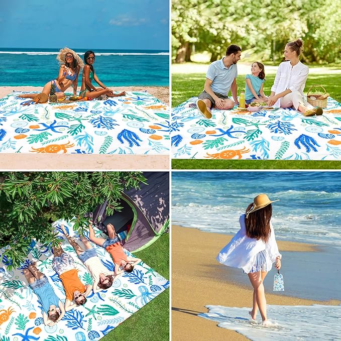 Beach Blanket, Waterproof Sandproof Beach Mat with 4 Stakes & 4 Pockets, 78''×86'' Large Compact Lightweight Sand Free Outdoor Essentials for Beach, Picnic, Travel, Camping