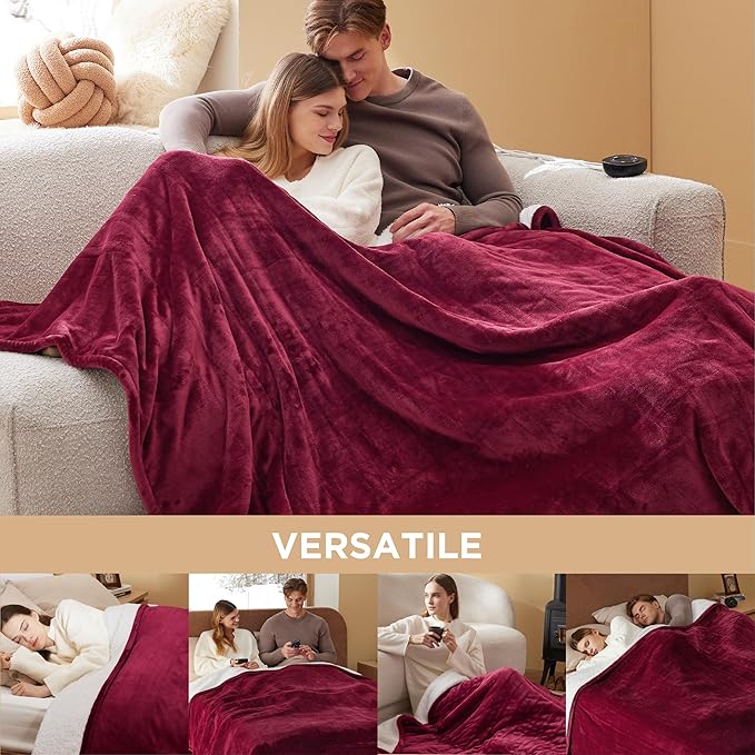 Bedsure Electric Blanket King Size - Dual Control Heated Blanket King Size, Fast Heating with 10 Time Settings & 10 Heat Settings, Warm Gift for Grandma (100x90 inches, Burgundy)