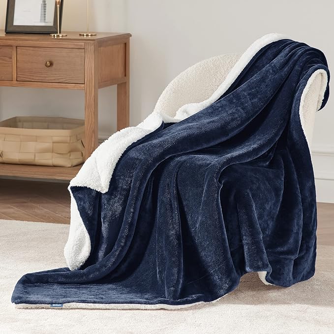 Bedsure GentleSoft Sherpa Fleece Throw Blanket Twin Size for Couch - Thick and Warm, Soft Fuzzy Plush Twin Blanket for Winter, Navy, 60x80 Inches