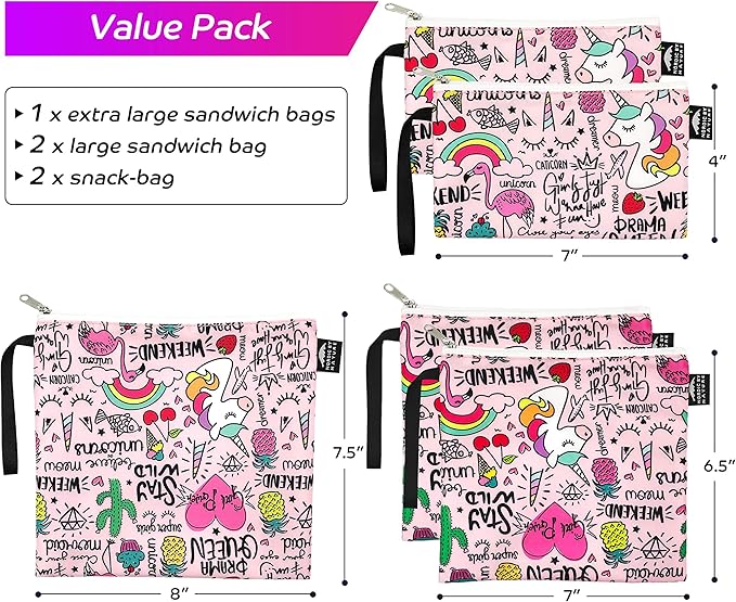 Nordic By Nature-Dual Layer Reusable Sandwich & Snack Bags – BPA-Free, Easy Clean, School Lunch Bags for Kids & Adults (Unicorns & Rainbows)