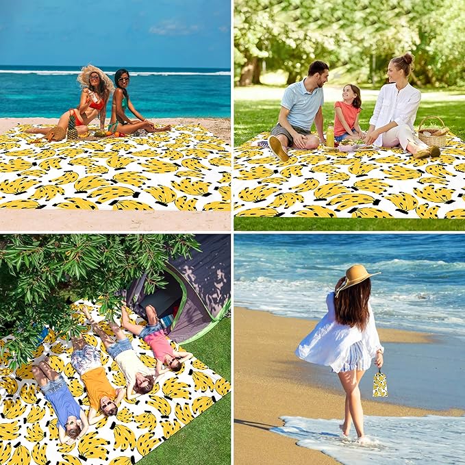 Beach Blanket Waterproof Sandproof, 9 Ft X 10 Ft Extra Large Sand Free Beach Mat, Big Compact Lightweight Quick Drying Picnic Blanket with 4 Stakes & Pockets for Camping, Travel, Hiking