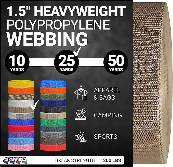Strapworks Heavyweight Polypropylene Webbing - Heavy Duty Poly Strapping for Outdoor DIY Gear Repair, 1.5 Inches