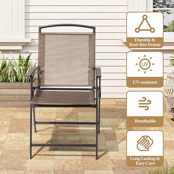 Crestlive Products Set of 2 Patio Dining Chairs, Outdoor Folding Chairs Portable Sling Recliner with Armrest for Camping, Garden, Backyard, Deck Brown