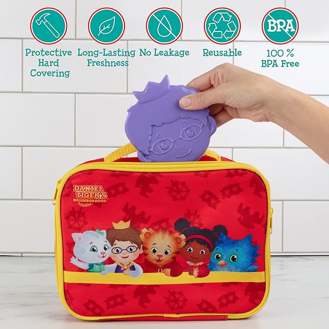 Prince Wednesday Daniel Tiger Reusable Hard Ice 3 Pack- Slim Lightweight Design, Cool Thin Freezer Packs Keeps Food Cold for Longer- Easily Fits Inside Kids School Lunch Box Bento or Insulated Bag