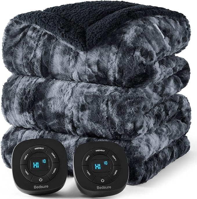 Bedsure Faux Fur Electric Blanket Queen Size, Dual Control Heated Blanket Queen, Fast Heating Blanket with 10 Heating Levels & 10 Time Settings, Cozy Gifts for Women Men (84x90 inches, Black)