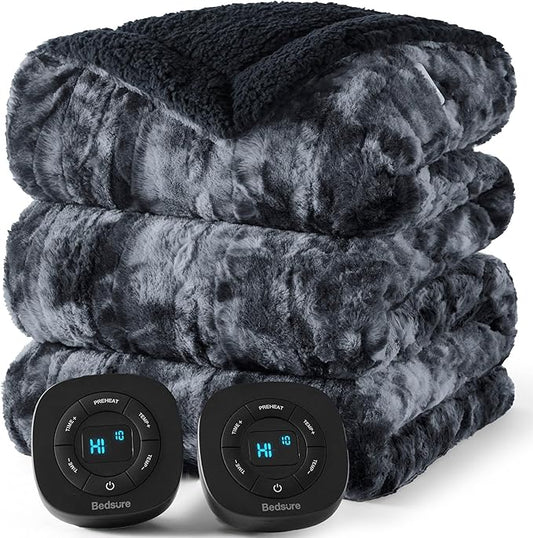 Bedsure Faux Fur Electric Blanket Queen Size, Dual Control Heated Blanket Queen, Fast Heating Blanket with 10 Heating Levels & 10 Time Settings, Cozy Gifts for Women Men (84x90 inches, Black)