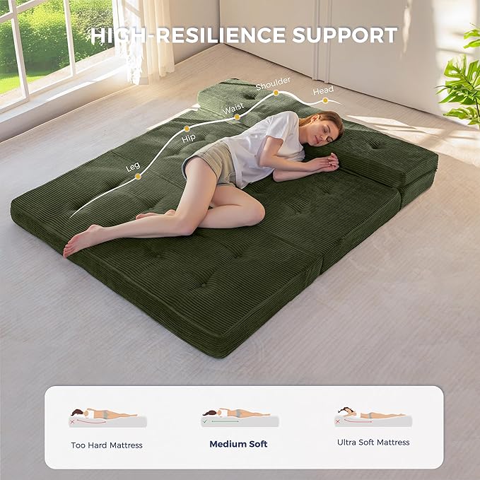 MAXYOYO Folding Mattress, 4 Inch Tufted Foldable Mattress Full Foam Bed, Tri-Fold Floor Couch with Handles Guest Bed Topper Portable Camping Mat with Corded Fabric, Twin Size, Dark Green