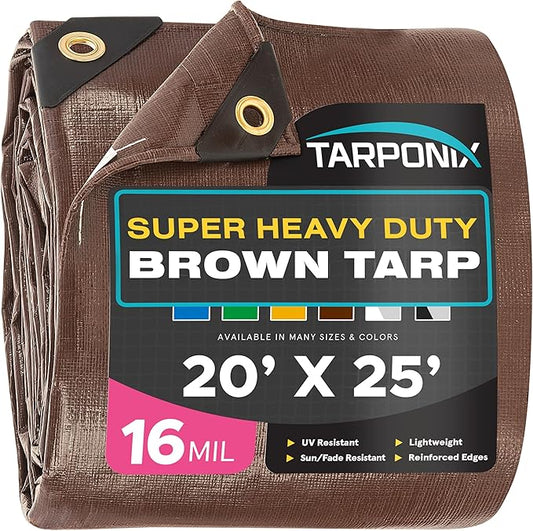 Super Heavy-Duty Brown Tarp 20' x 25' – 16 Mil Thick, All-Weather Waterproof Cover with Reinforced Edges and Sturdy Grommets