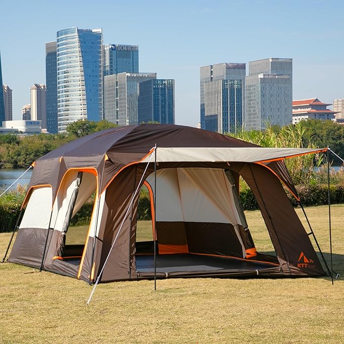 KTT Extra Large Tent 6-10-12-14 Person(B),Family Cabin Tents,2 Rooms,3 Doors and 3 Windows with Mesh,Straight Wall,Waterproof,Double Layer,Big Tent for Outdoor,Picnic,Camping,Family Gathering