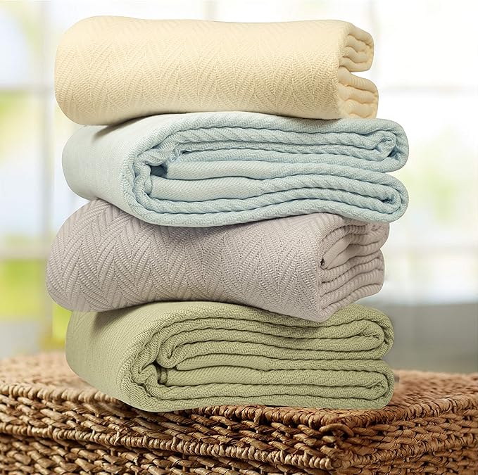 Threadmill Luxury Cotton Blankets Queen Size | All-Season 100% Cotton Blanket for Queen/Full Size Bed | Herringbone Soft Breathable | Sage Green