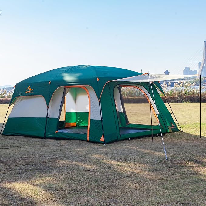 KTT Extra Large Tent 6-10-12-14 Person(Style-B),Family Cabin Tents,2 Rooms,3 Doors and 3 Windows with Mesh,Straight Wall,Waterproof,Double Layer,Big Tent for Outdoor,Picnic,Camping,Family Gathering