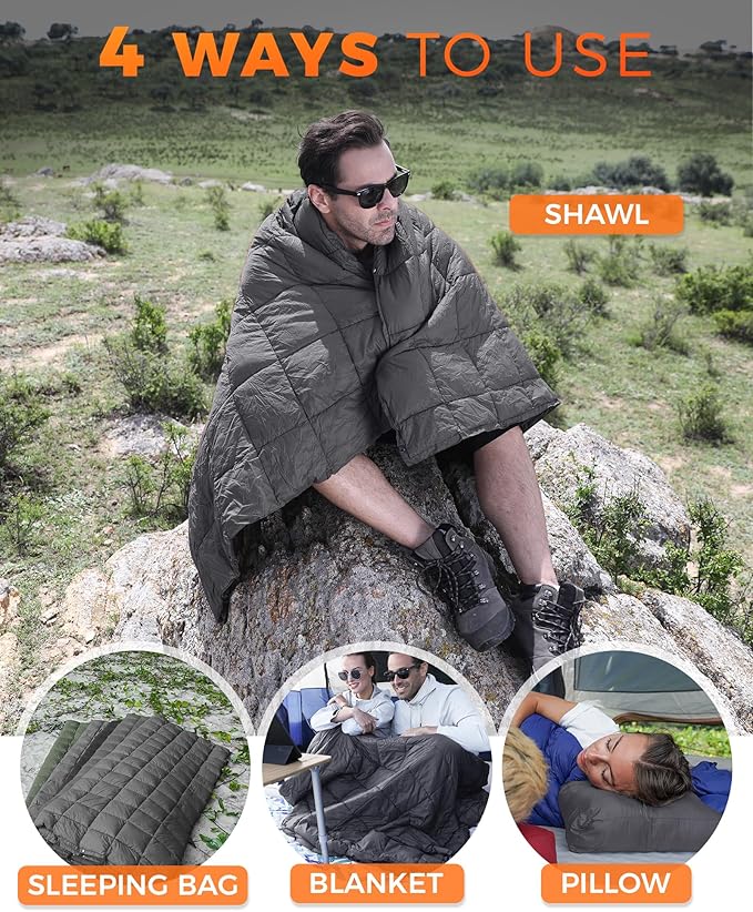 KingCamp Ultralight Camping Blanket, Packable Down Alternative Puffy Wearable Blankets Weatherproof Warm Package Quilt with Snap Buttons for Outdoor Hiking Travel Picnic Stadium (69" x 53", Charcoal)
