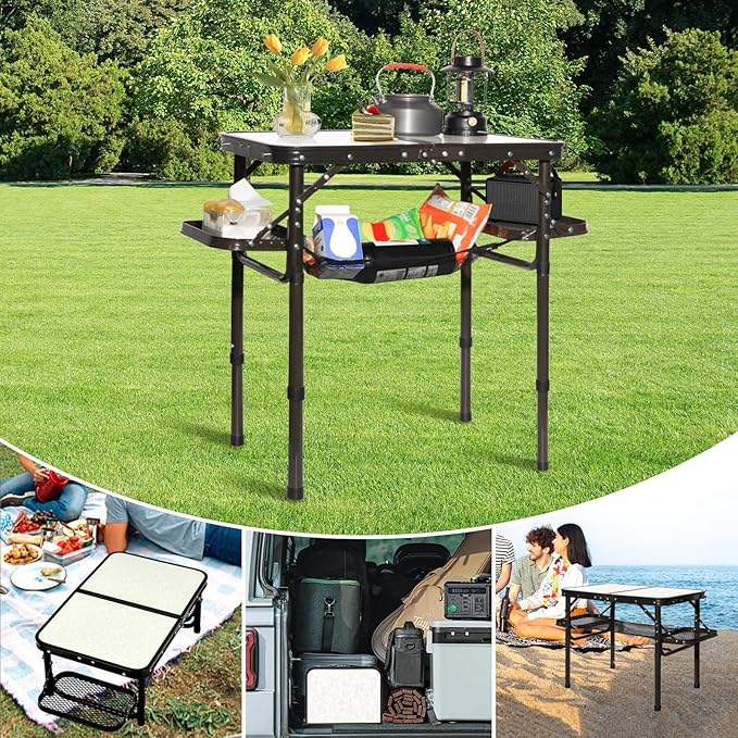 Folding Camping Table Outdoor Indoor Picnic BBQ Aluminum Lightweight Tall Camping Table 3-Height Adjustable 25in Max 50 Extra Space with Carry Handle & Mesh Pocket Small Foldable Table