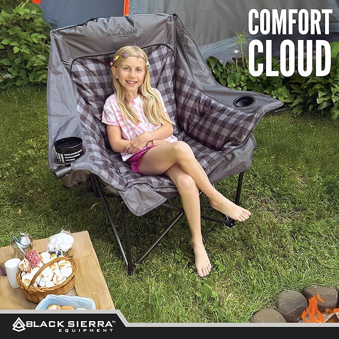 Black Sierra Oversized Camping Chair for Adults, Heavy Duty Outdoor Seat with Plush Padding, Supports 400lbs, Cup Holder & Carry Bag, Comfortable Folding Chair for Tailgating, Patio, & Sideline Events