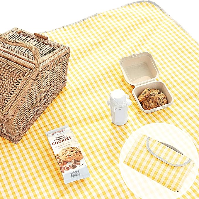 Cute Gingham Picnic Blanket, Waterproof Foldable, in Large 80x60in and Extra Large 80x80in, Portable Compact Beach Blanket, Oversized XL Outdoor Mat (Yellow, X-Large)